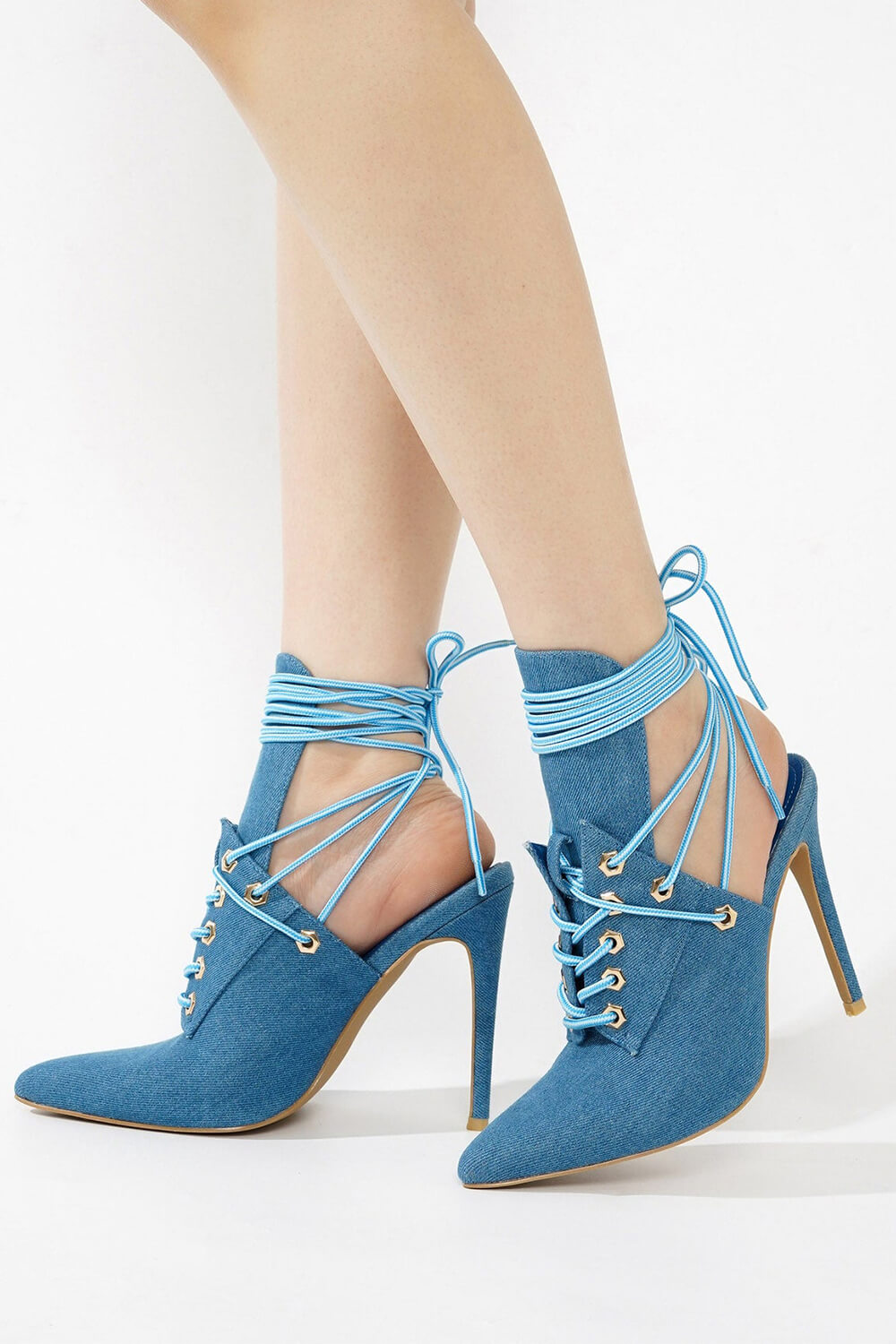 Denim Lace Up Pointed Toe Booties