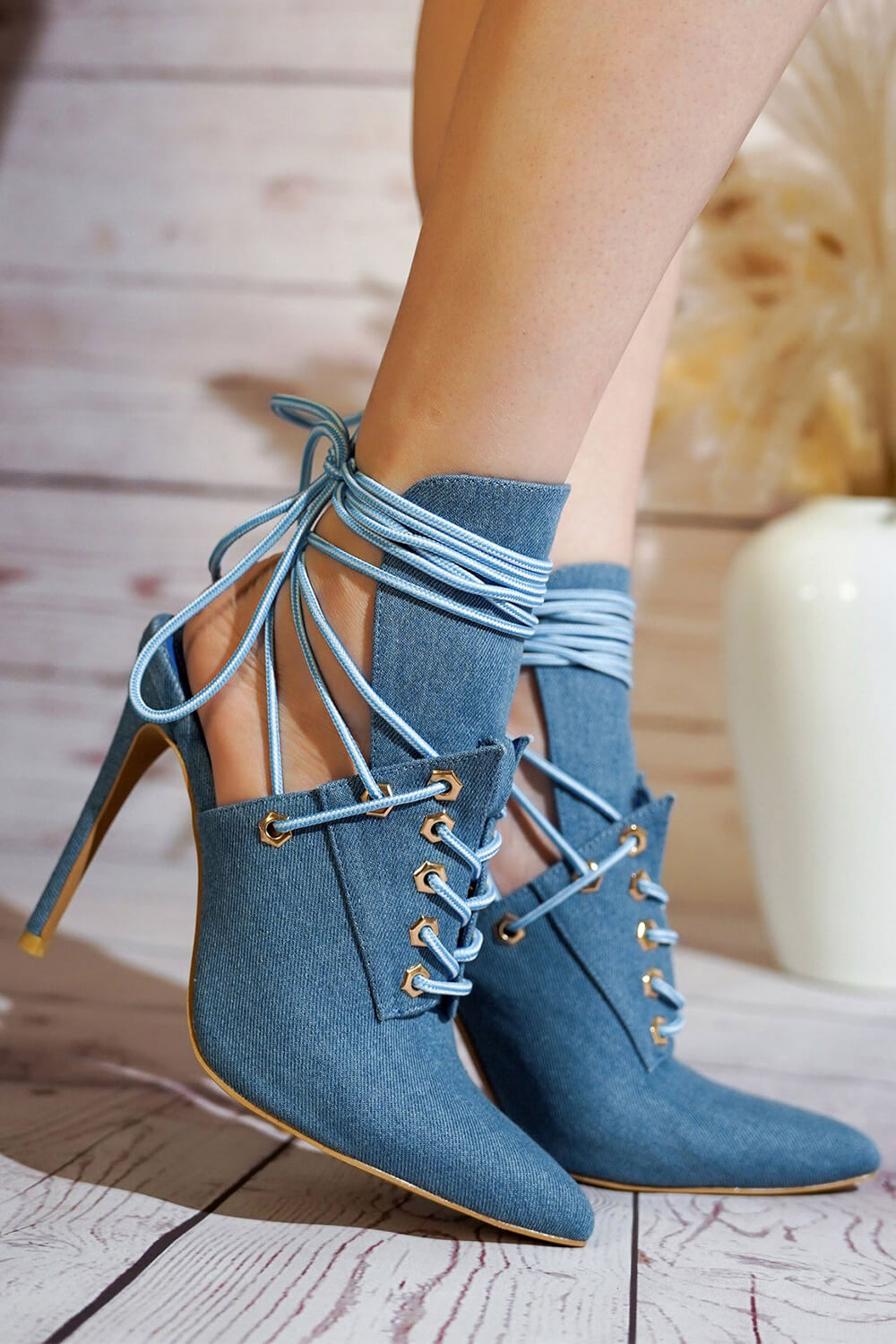 Denim Lace Up Pointed Toe Booties