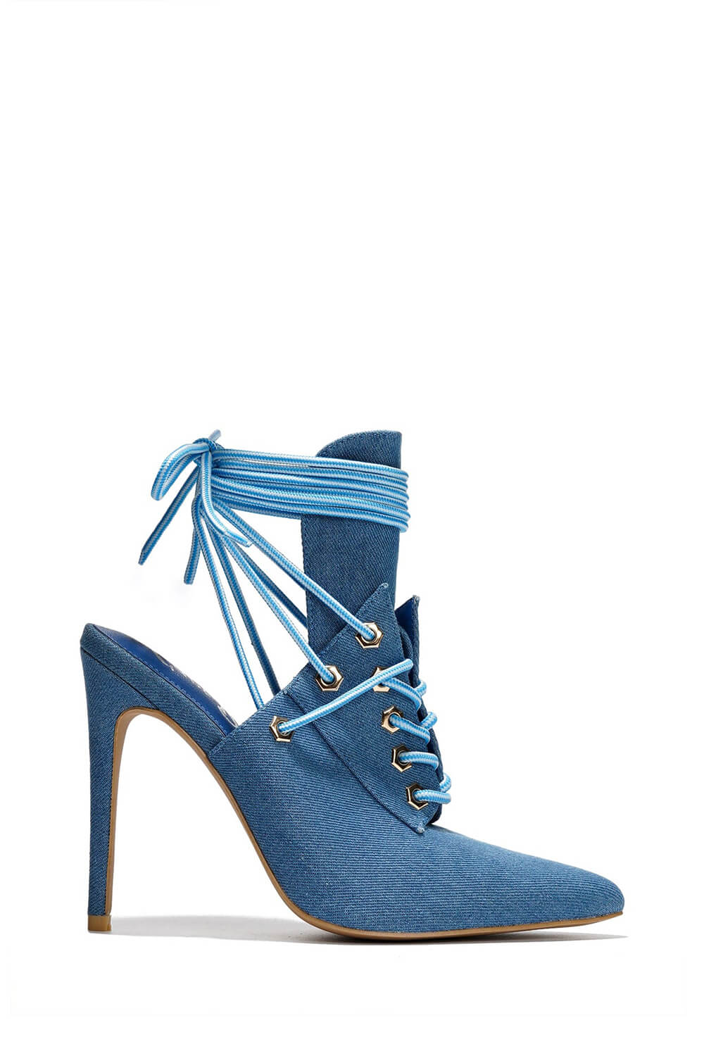 Denim Lace Up Pointed Toe Booties