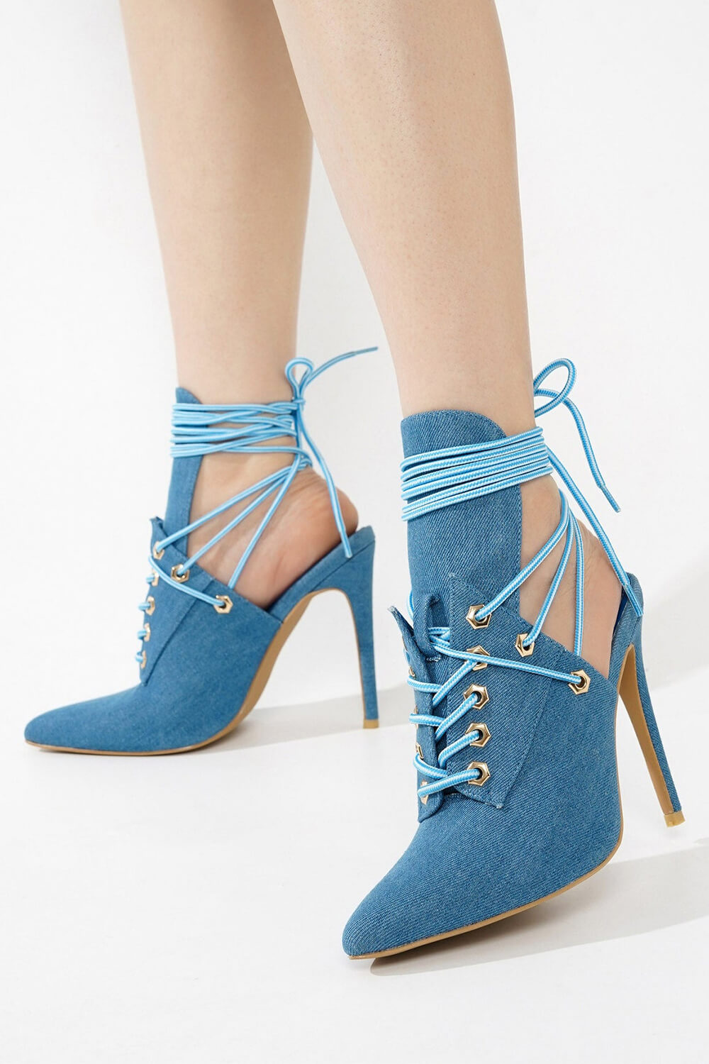 Denim Lace Up Pointed Toe Booties