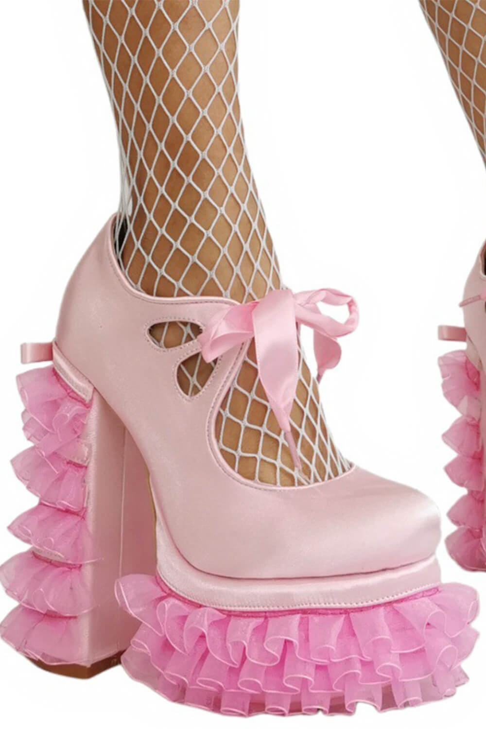 Satin Ribbon Tie Front Ruffle Trim Platform Heels