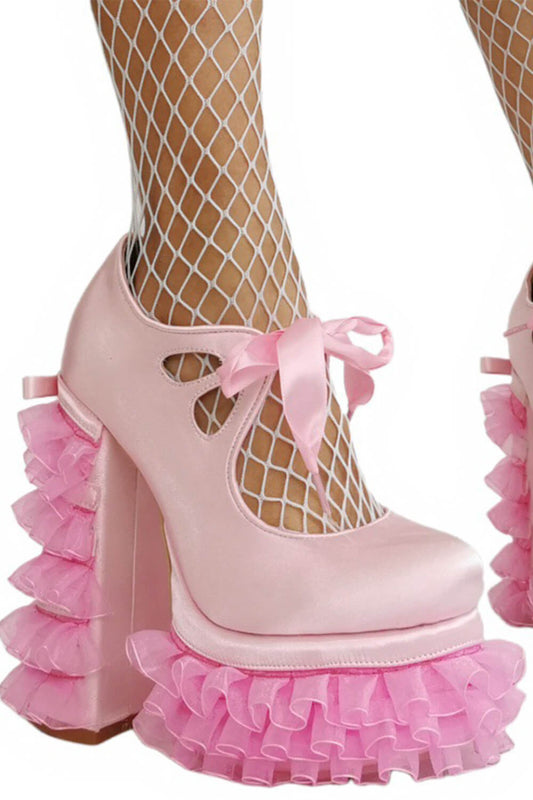 Satin Ribbon Tie Front Ruffle Trim Platform Heels
