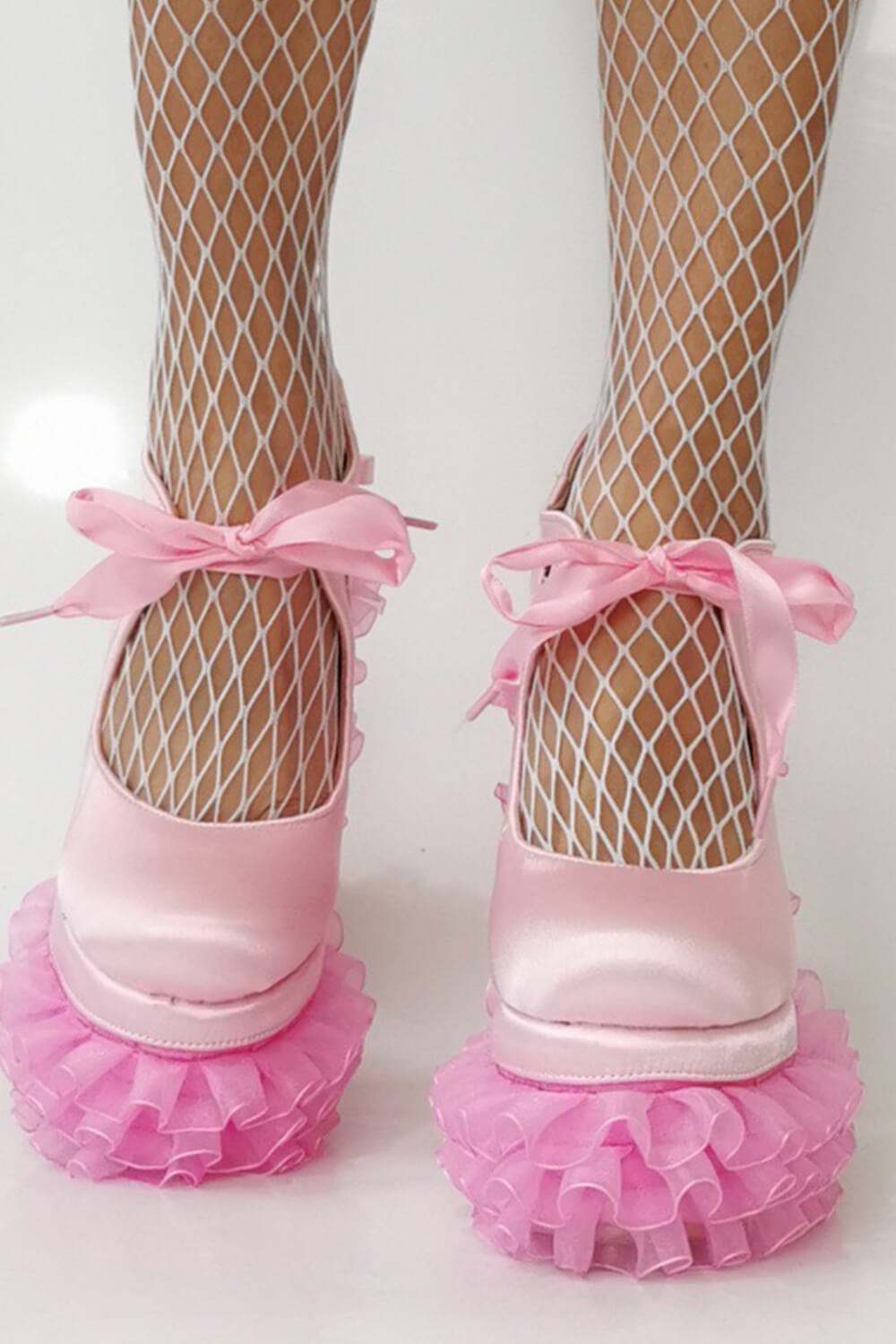 Satin Ribbon Tie Front Ruffle Trim Platform Heels