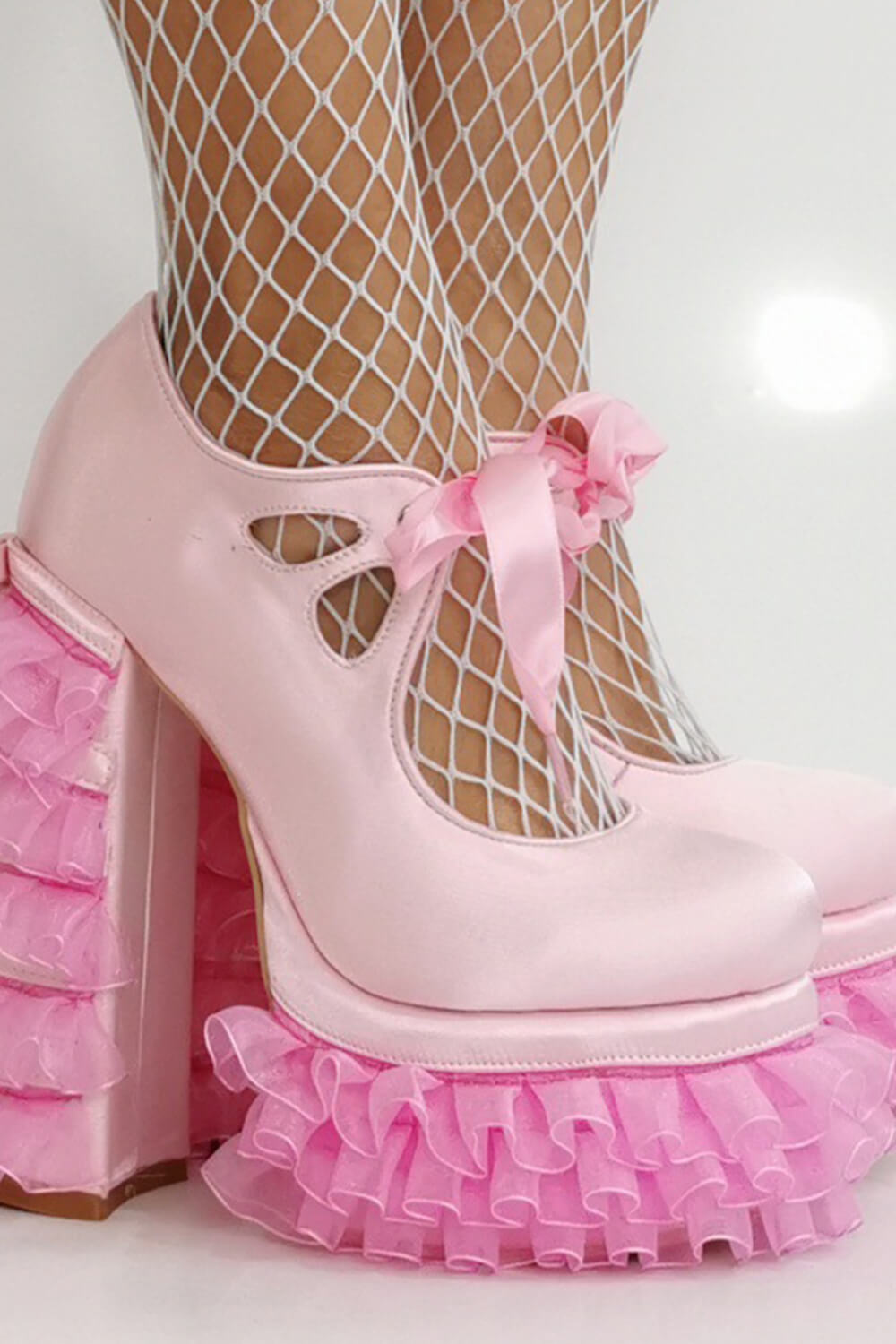 Satin Ribbon Tie Front Ruffle Trim Platform Heels