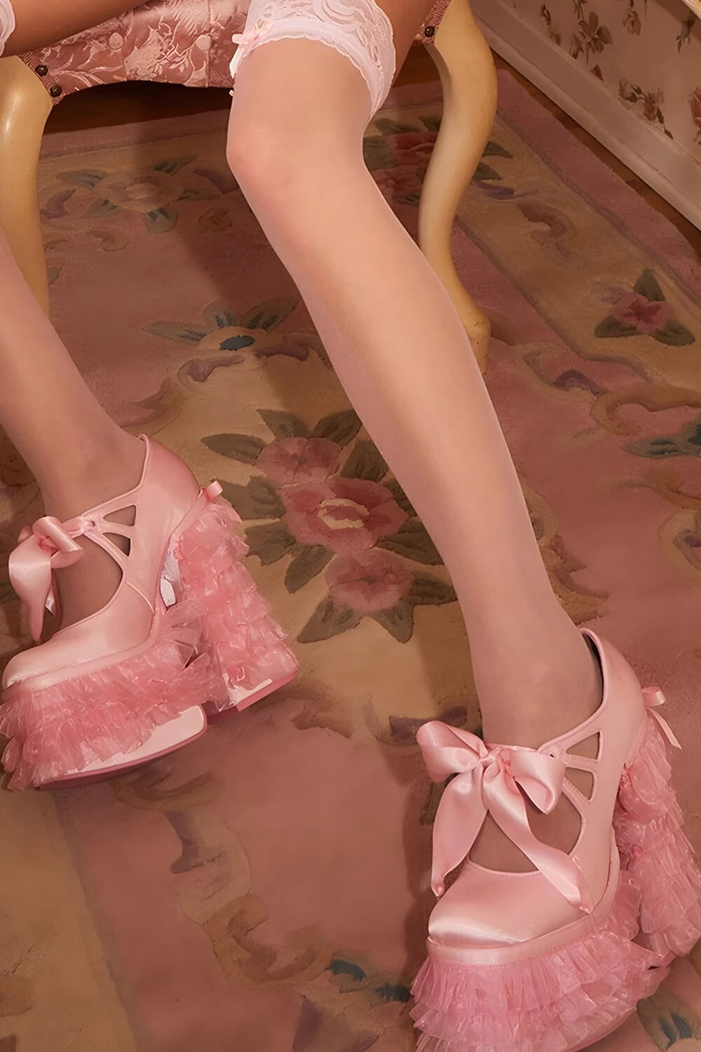 Satin Ribbon Tie Front Ruffle Trim Platform Heels