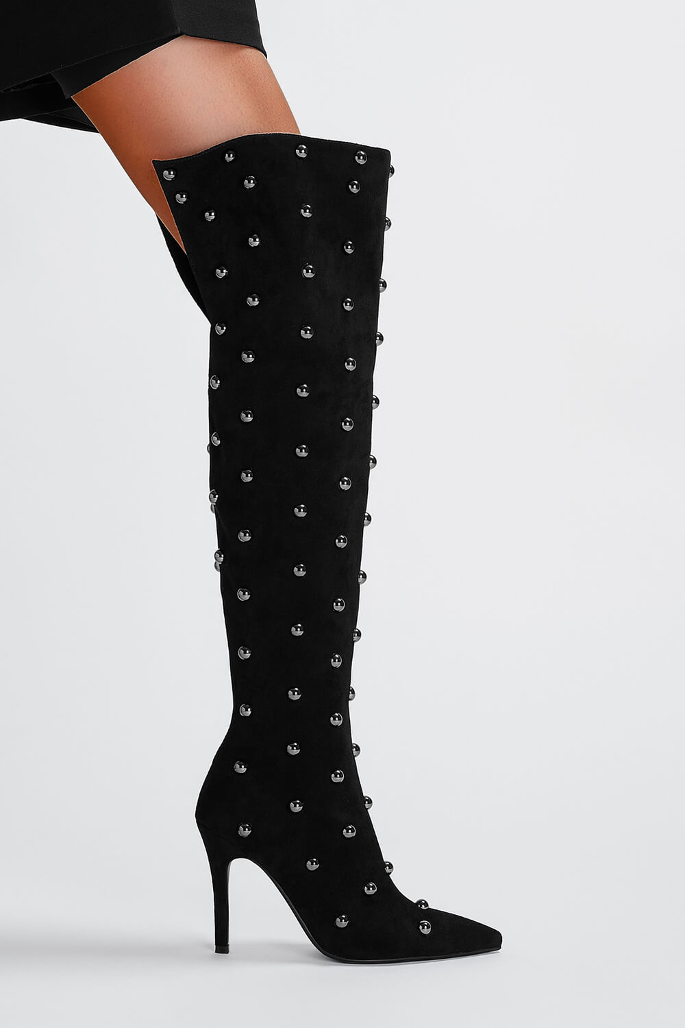 Studded Faux Suede Pointed Toe Thigh-High Boots
