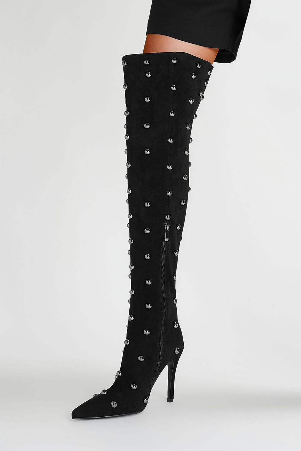 Studded Faux Suede Pointed Toe Thigh-High Boots