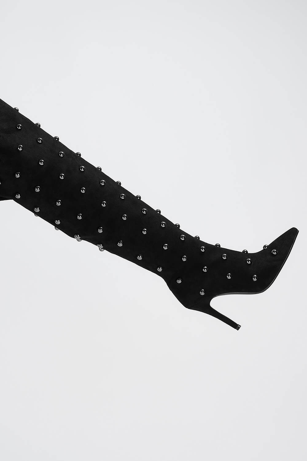 Studded Faux Suede Pointed Toe Thigh-High Boots