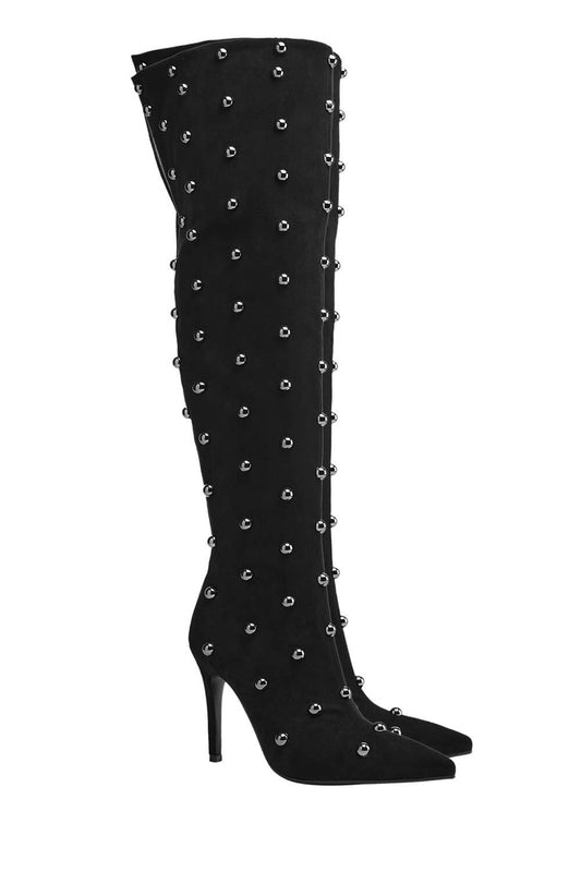 Studded Faux Suede Pointed Toe Thigh-High Boots