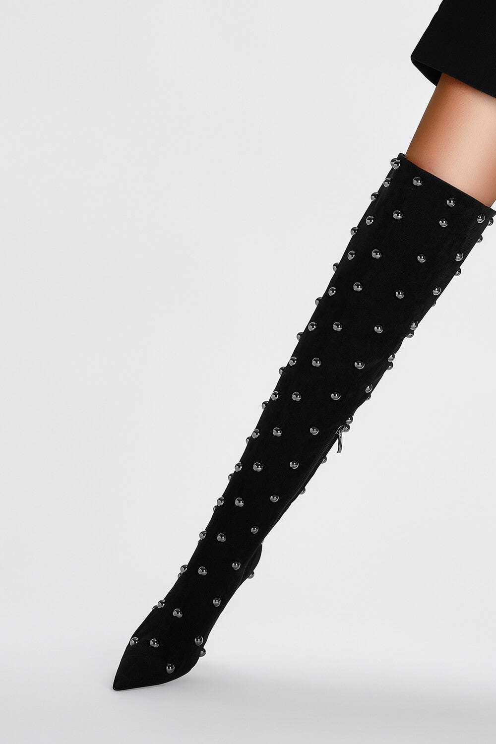 Studded Faux Suede Pointed Toe Thigh-High Boots