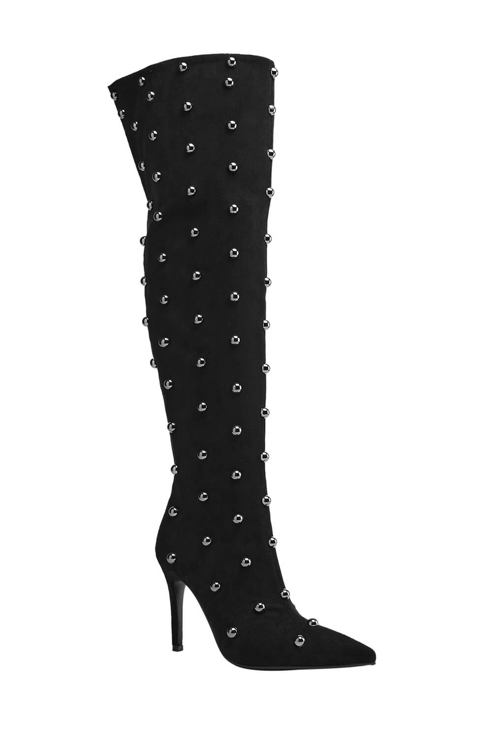Studded Faux Suede Pointed Toe Thigh-High Boots
