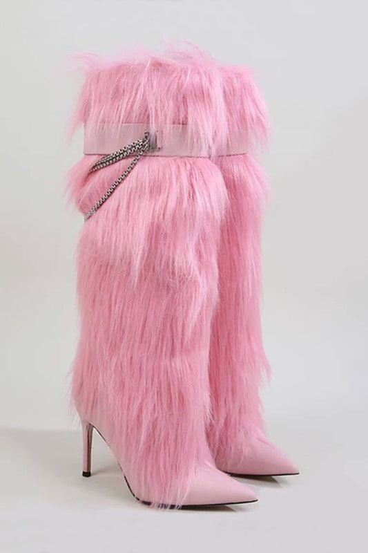 Belted Chain Folded Faux Fur Stiletto Knee High Boots