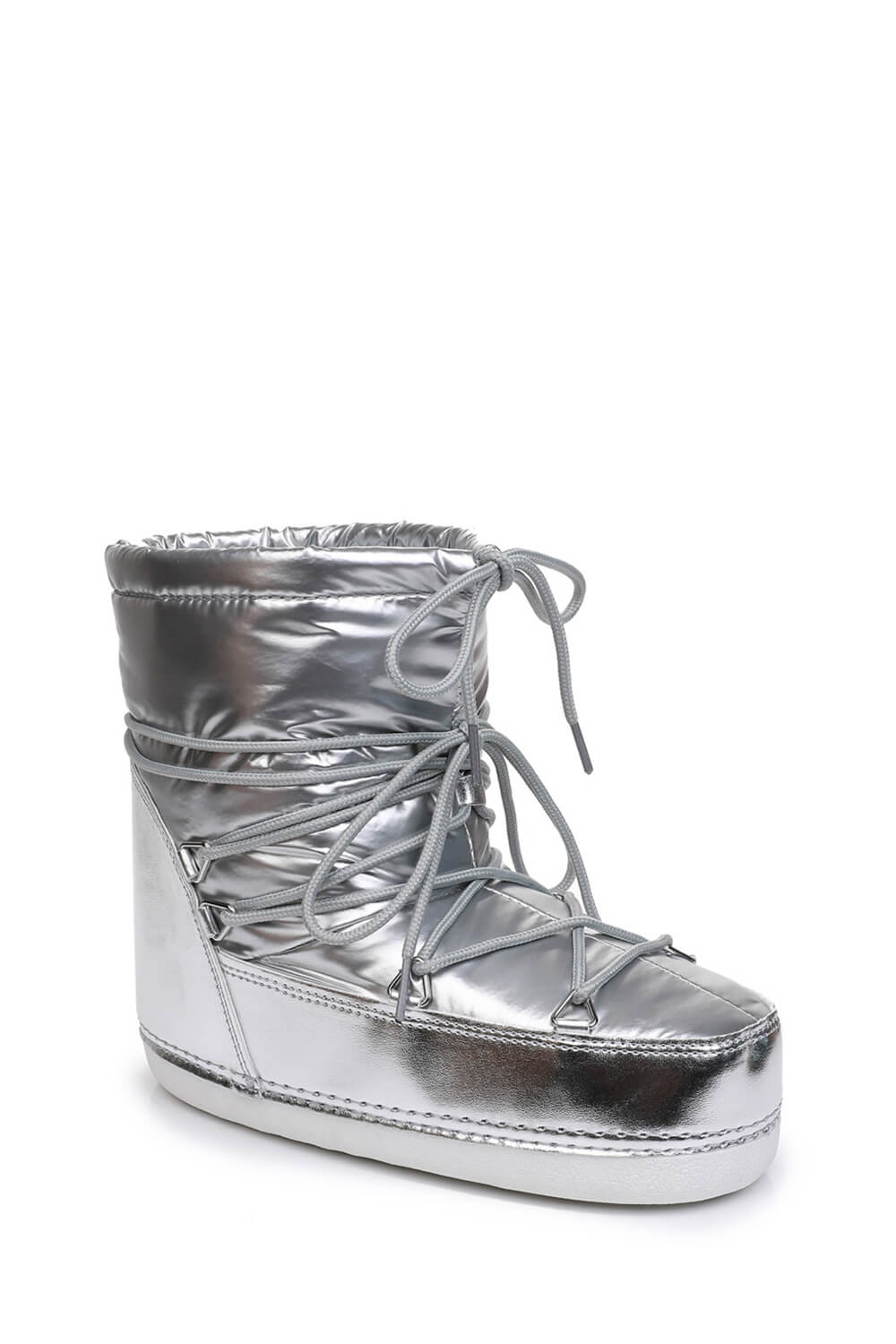 Silver Mirror Nylon Drawstring Lace Up Chunky Snow Ankle Boots