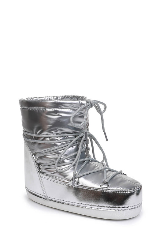 Silver Mirror Nylon Drawstring Lace Up Chunky Snow Ankle Boots