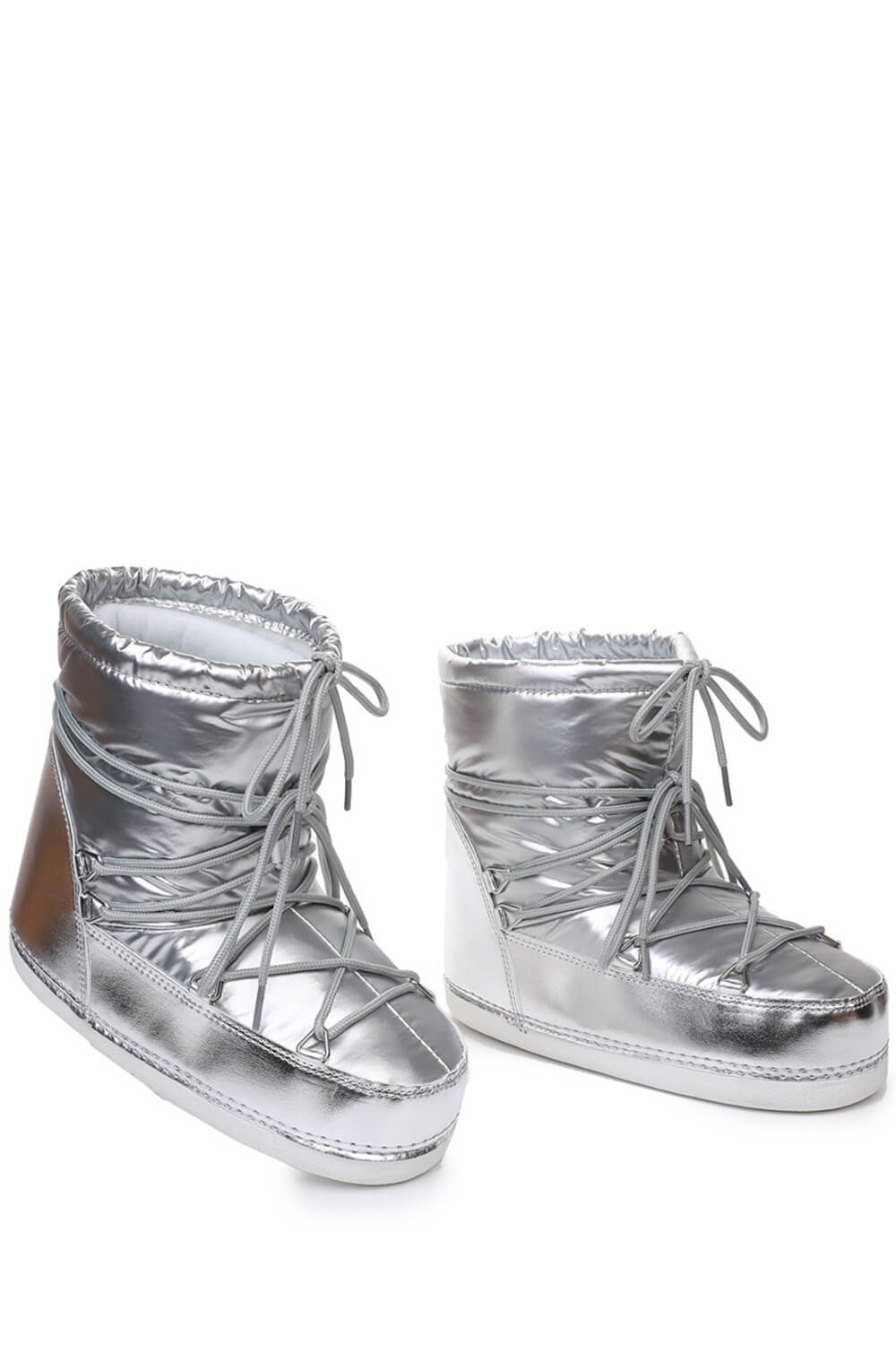 Silver Mirror Nylon Drawstring Lace Up Chunky Snow Ankle Boots