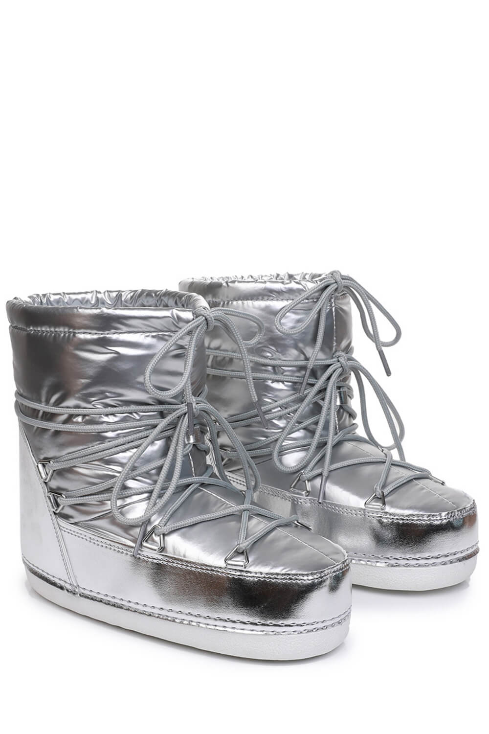 Silver Mirror Nylon Drawstring Lace Up Chunky Snow Ankle Boots
