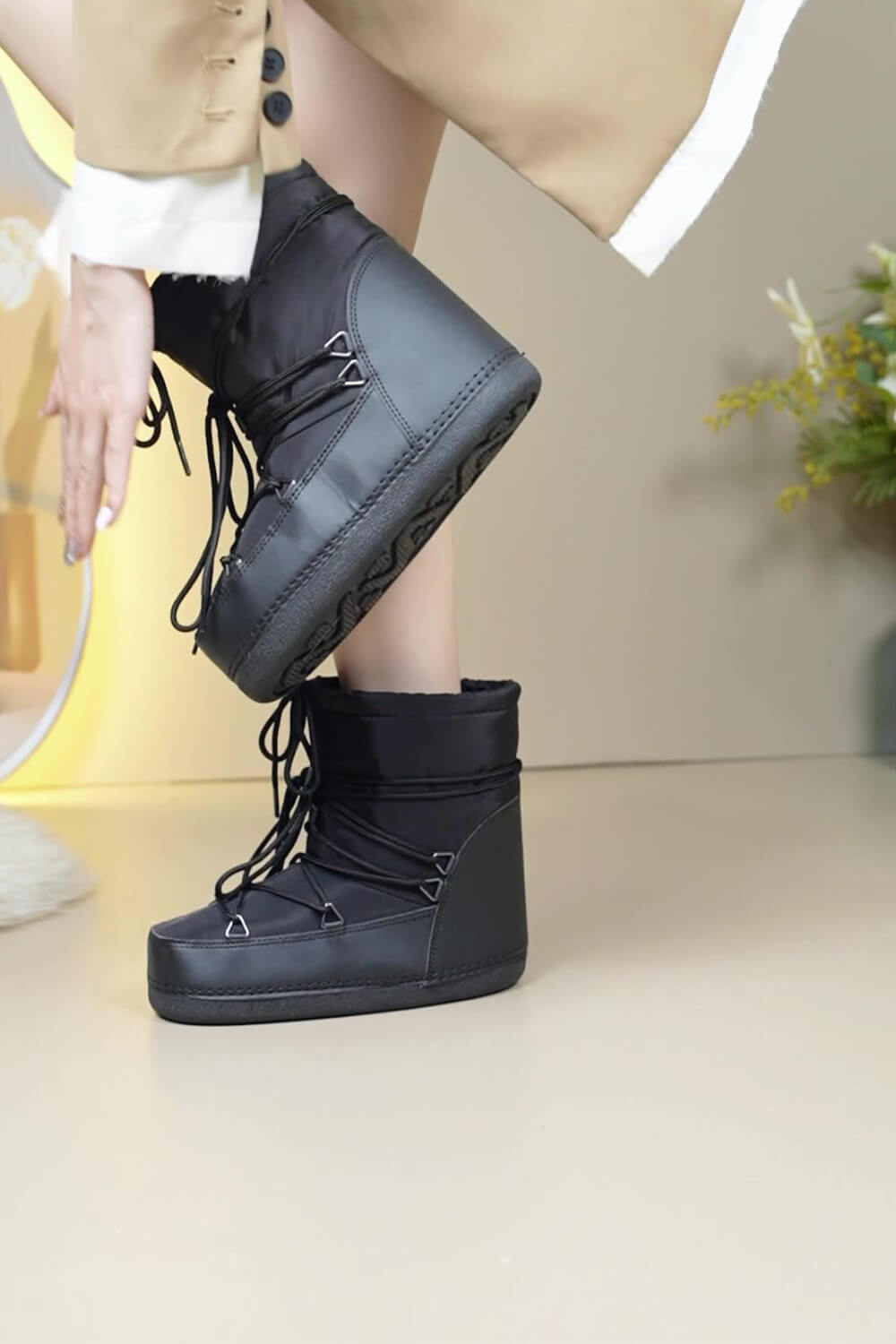 Nylon Drawstring Lace Up Chunky Snow Ankle Boots