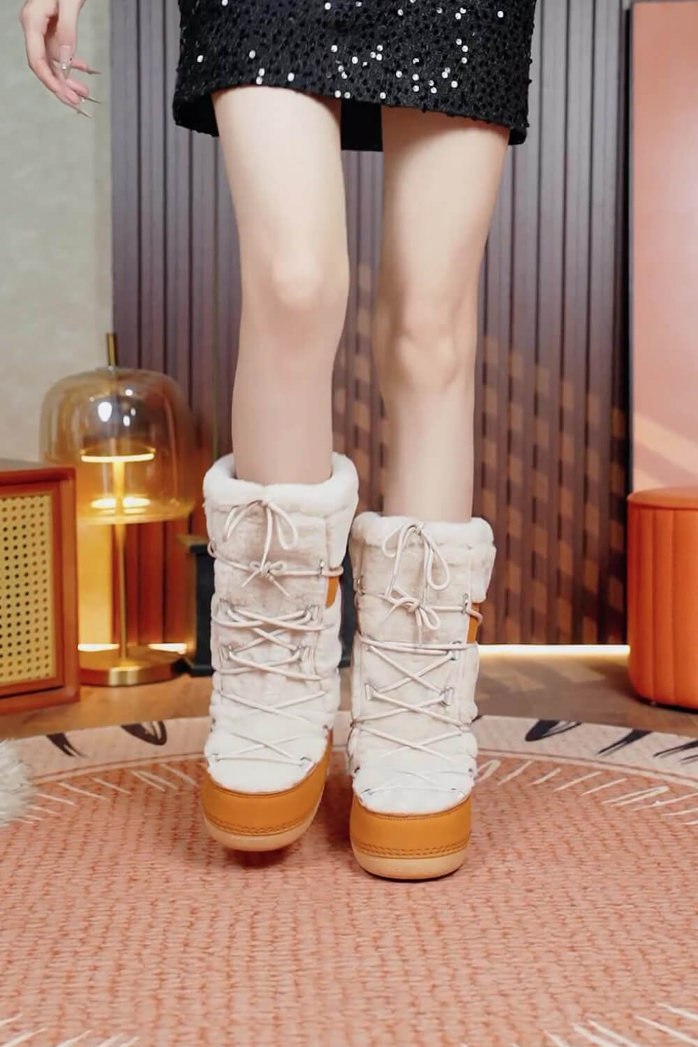 Faux Fur Panelled Lace Up Mid-Calf Snow Boots