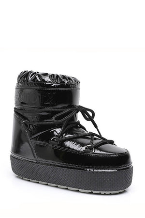 Black Patent Padded Lace Up Short Ankle Snow Boots