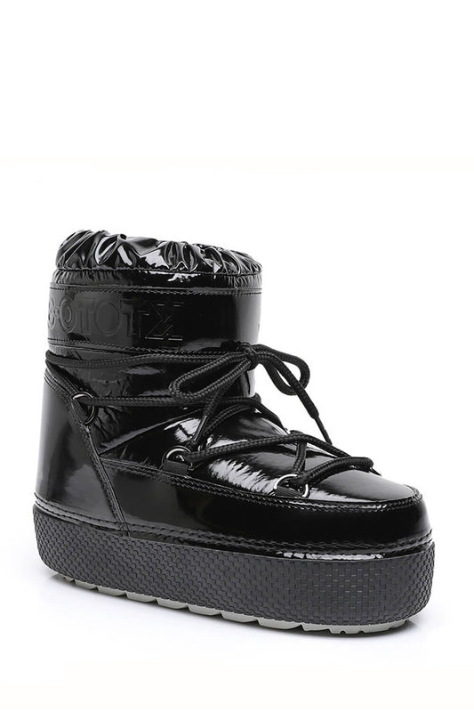 Black Patent Padded Lace Up Short Ankle Snow Boots