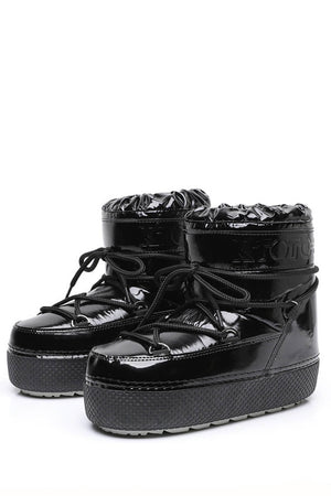 Black Patent Padded Lace Up Short Ankle Snow Boots
