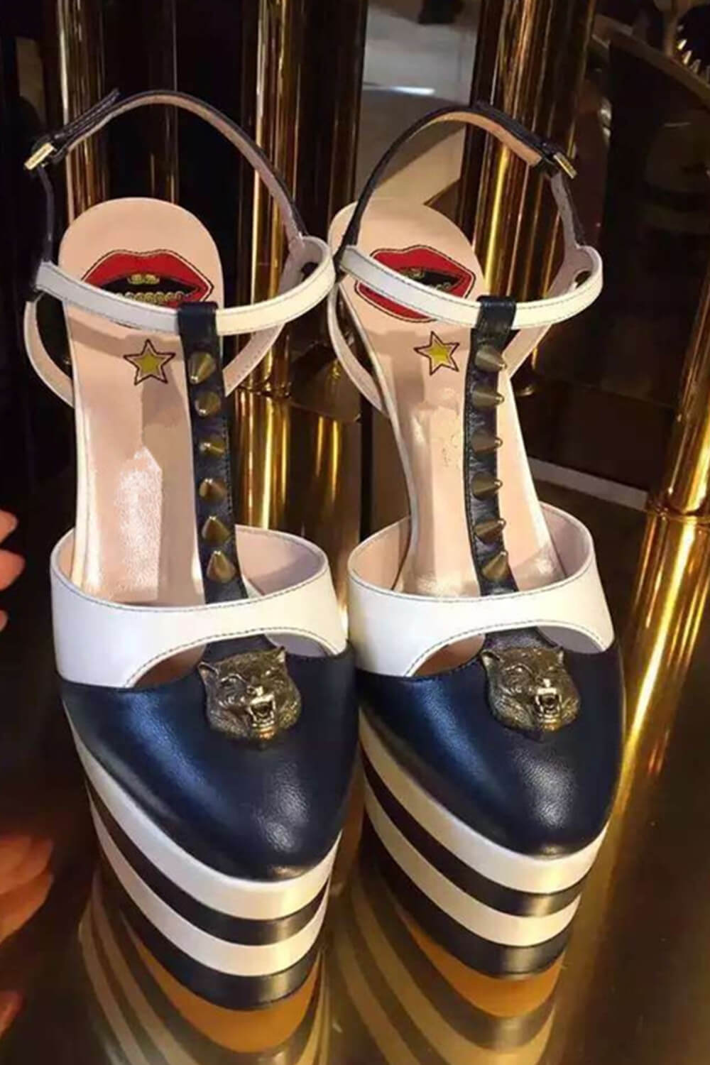 Spike Studded T-Strap Platform High Heel Pumps
