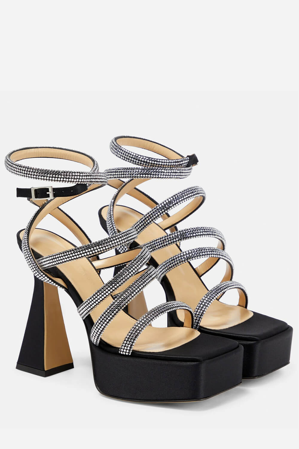 Crystal-Embellished Satin Square Toe Platform Sandals