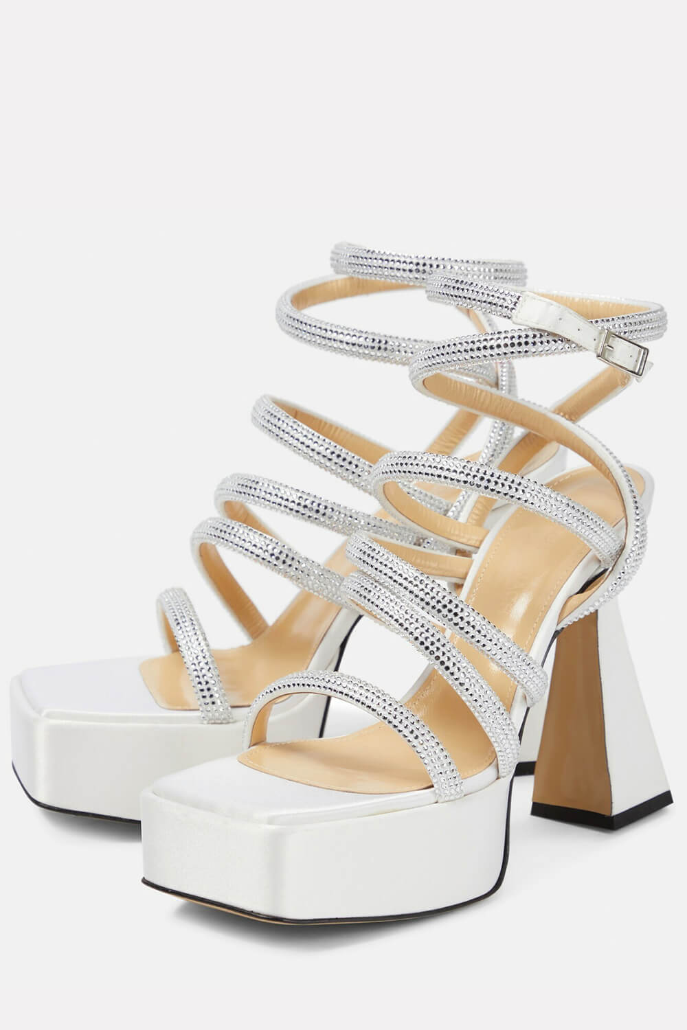 Crystal-Embellished Satin Square Toe Platform Sandals