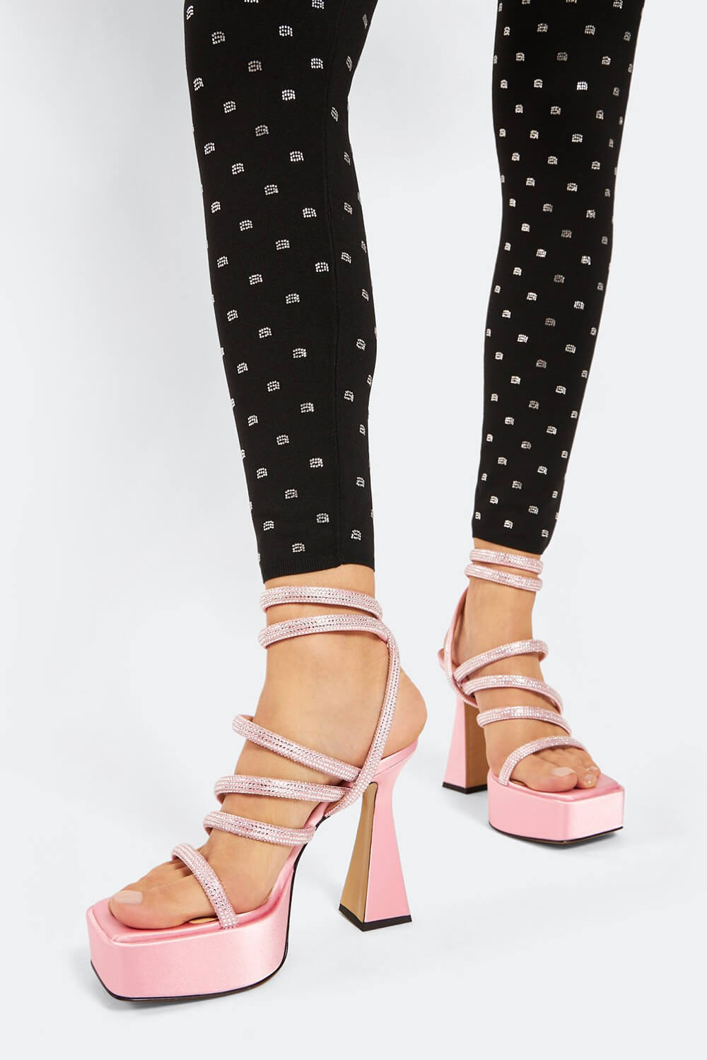 Crystal-Embellished Satin Square Toe Platform Sandals