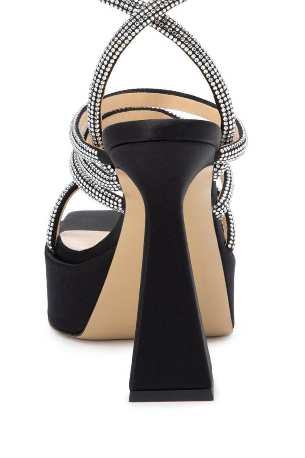 Crystal-Embellished Satin Square Toe Platform Sandals