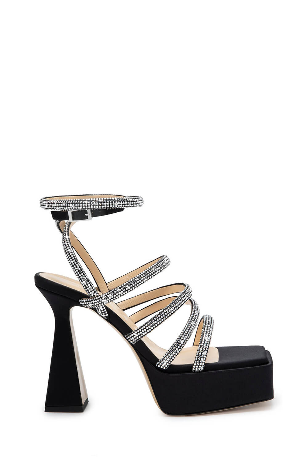 Crystal-Embellished Satin Square Toe Platform Sandals