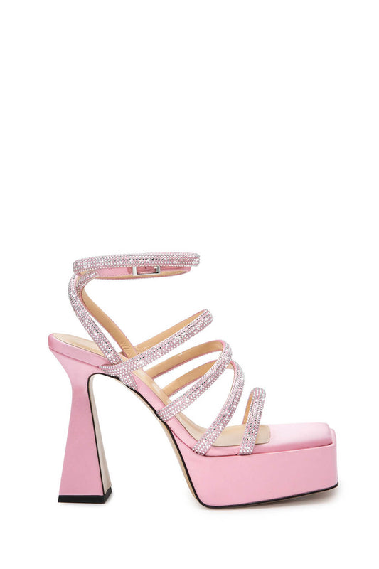 Crystal-Embellished Satin Square Toe Platform Sandals