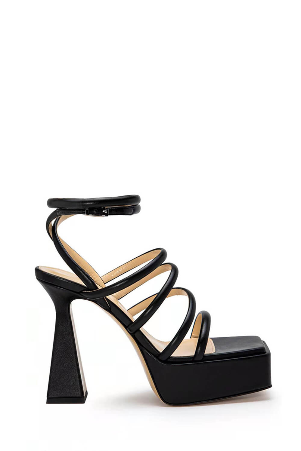 Faux Leather Strappy Square Toe Platform Sandals - Black