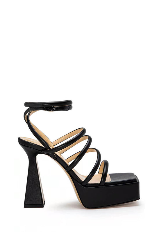 Faux Leather Strappy Square Toe Platform Sandals - Black