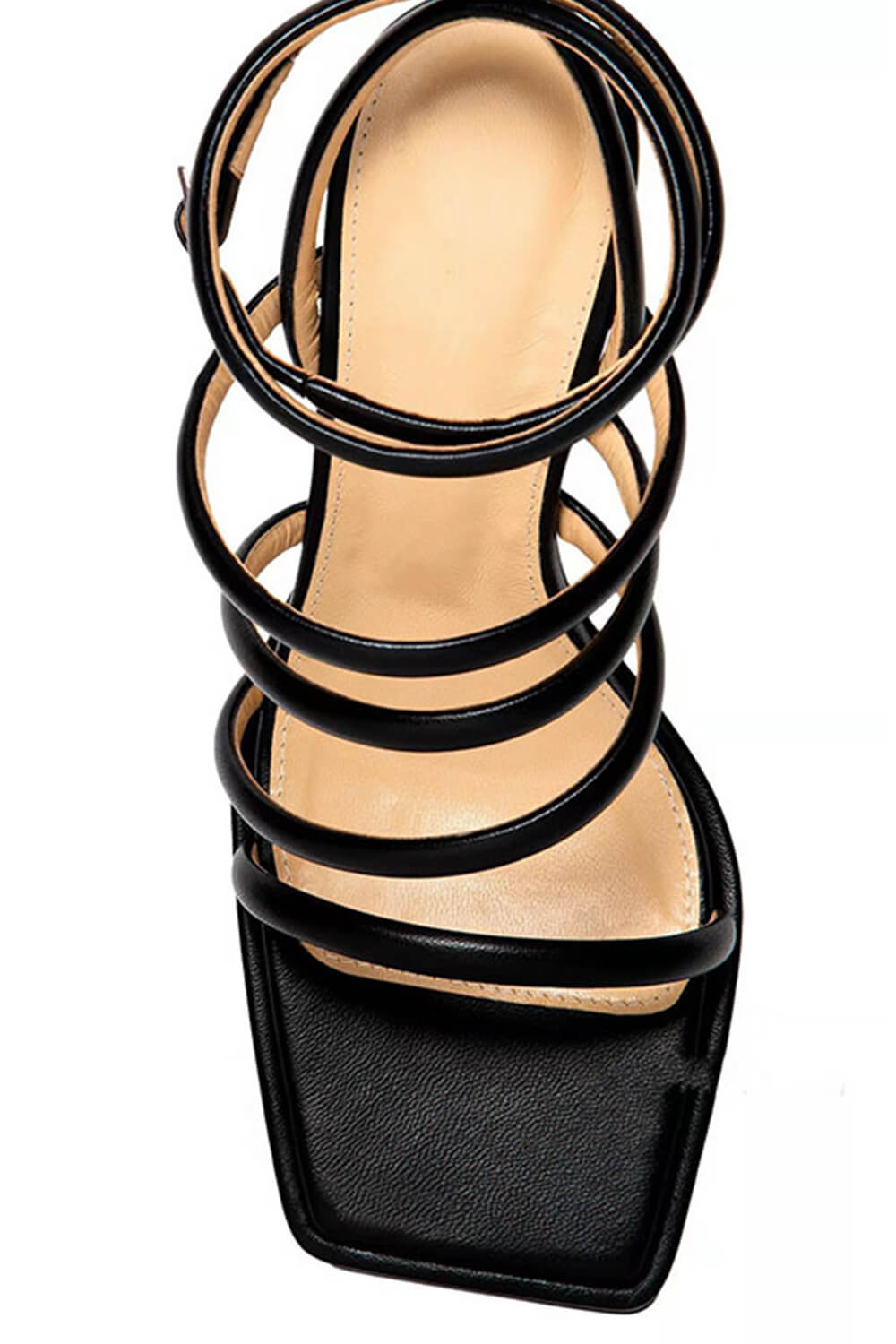 Faux Leather Strappy Square Toe Platform Sandals - Black