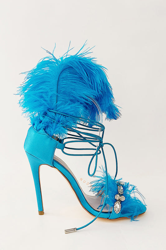 Blue Feather Rhinestone Embroidered High Heeled Sandals