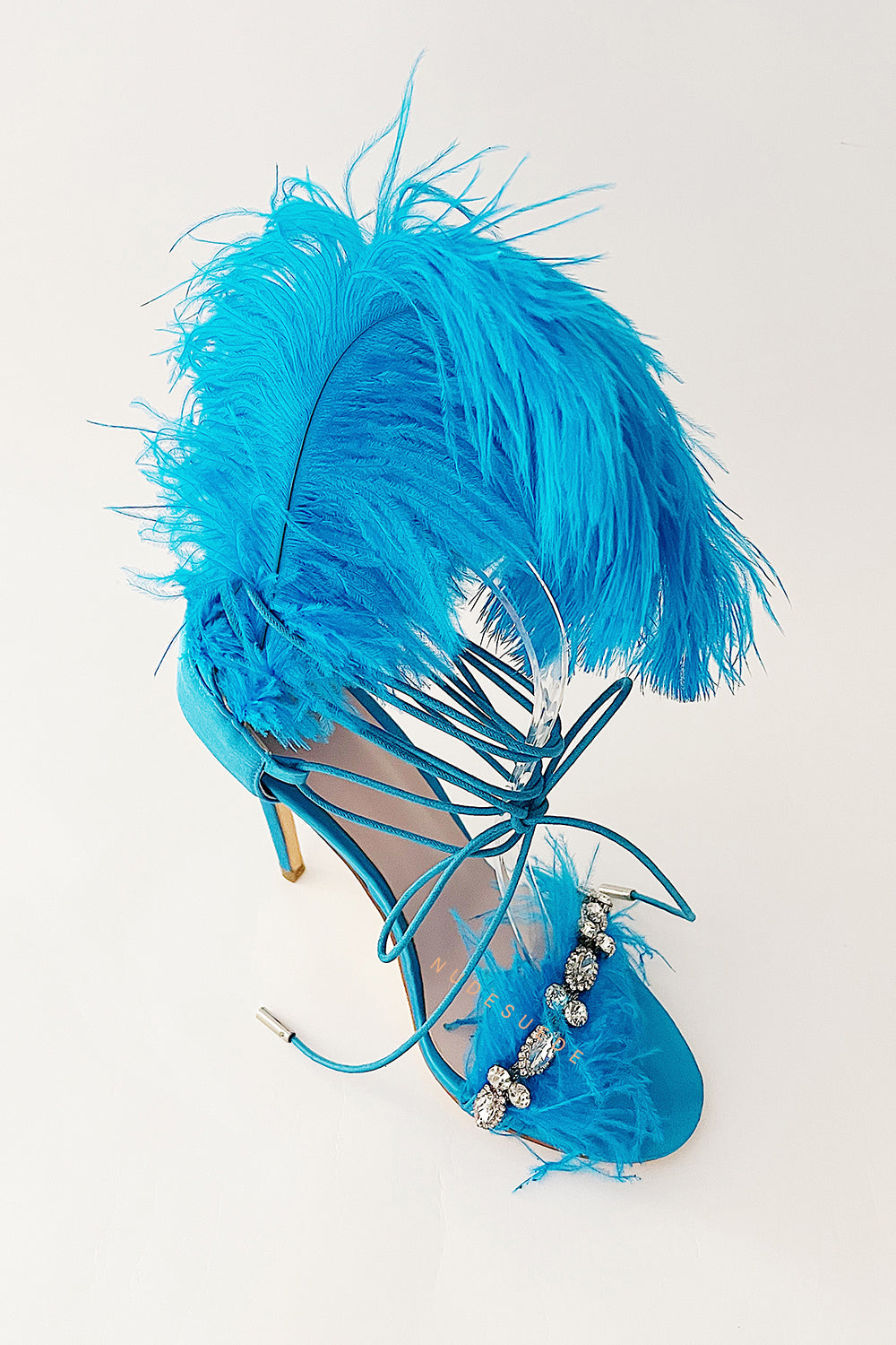 Blue Feather Rhinestone Embroidered High Heeled Sandals