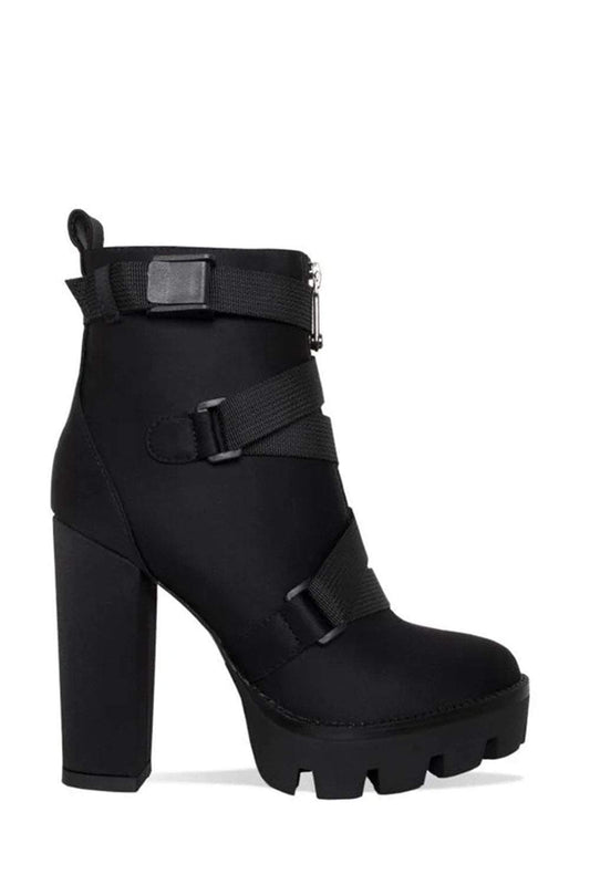 Black Zip Chunky Buckle Platform Ankle Boots