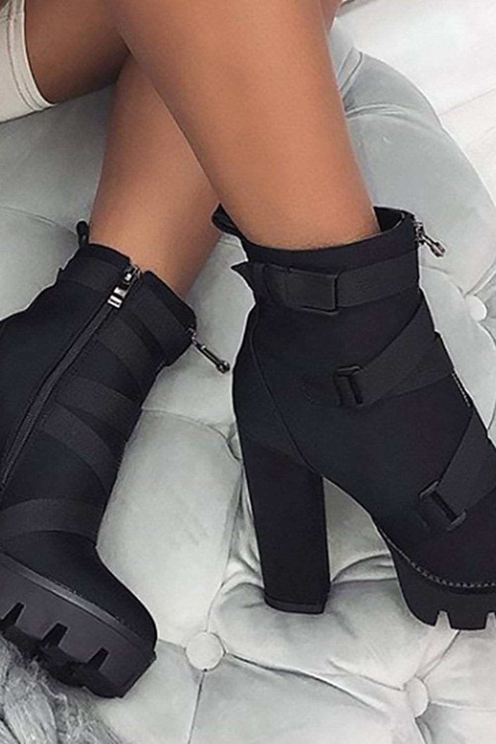 Black Zip Chunky Buckle Platform Ankle Boots