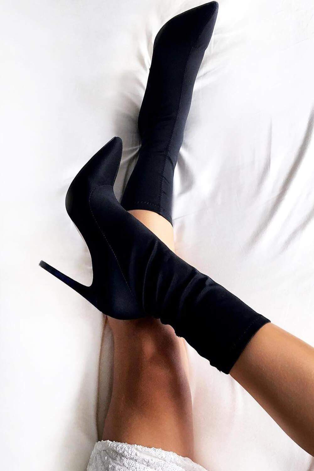 Black Pointed Sock Stiletto Heeled Boots