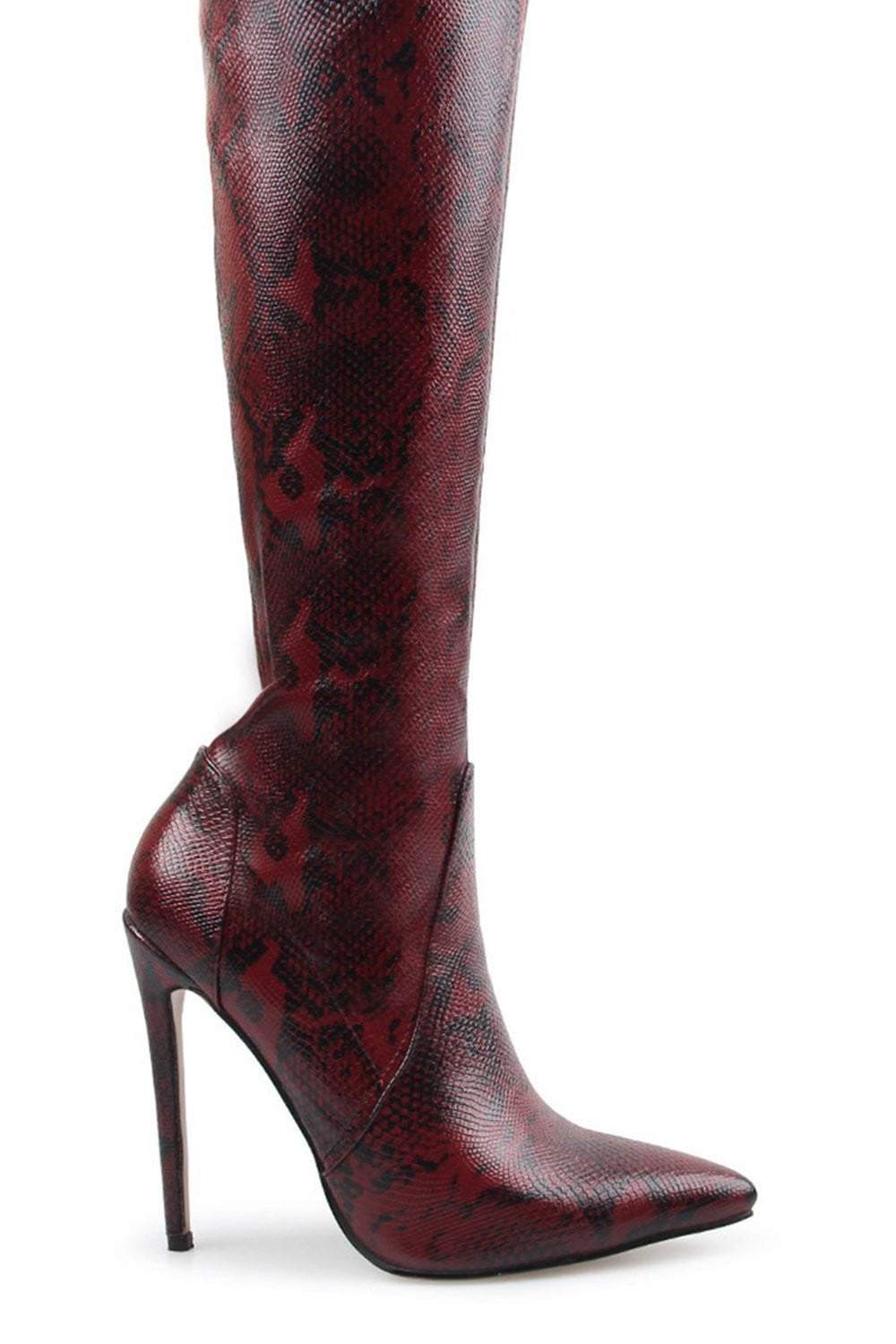 Firebrick Snake Print Stiletto Thigh High Boots
