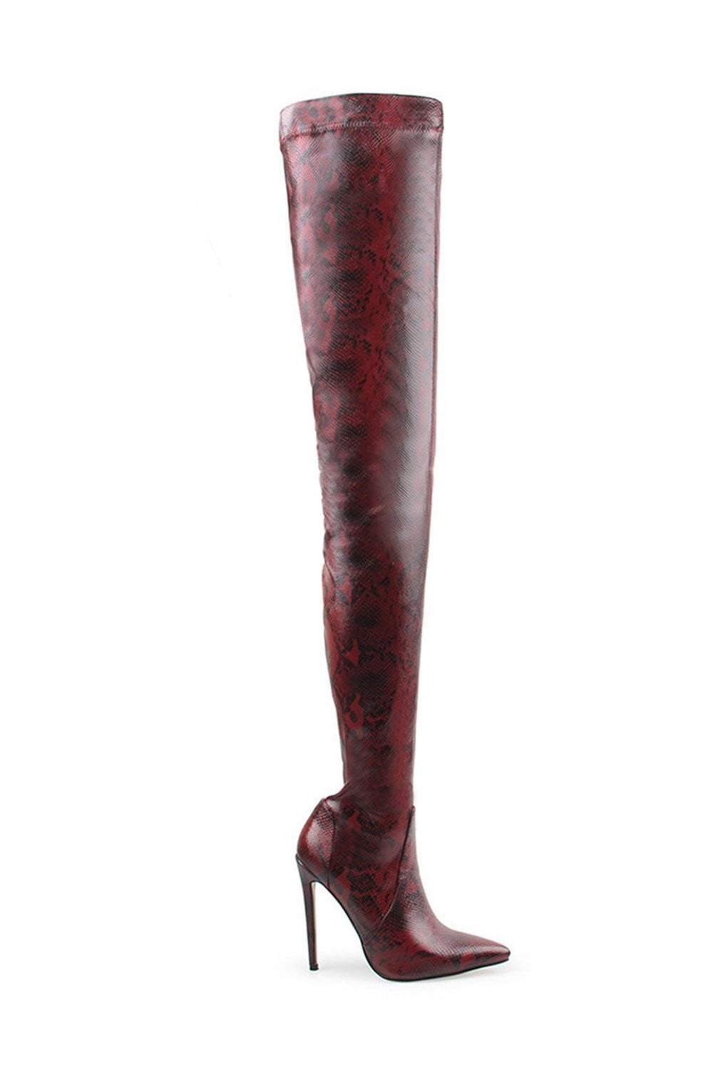Firebrick Snake Print Stiletto Thigh High Boots