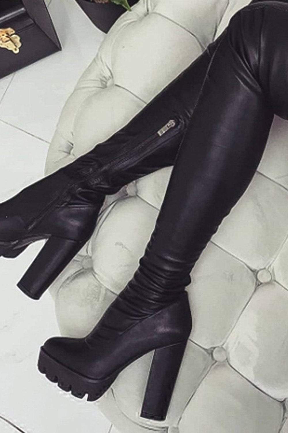 Black Chunky Platform Thigh High Boots