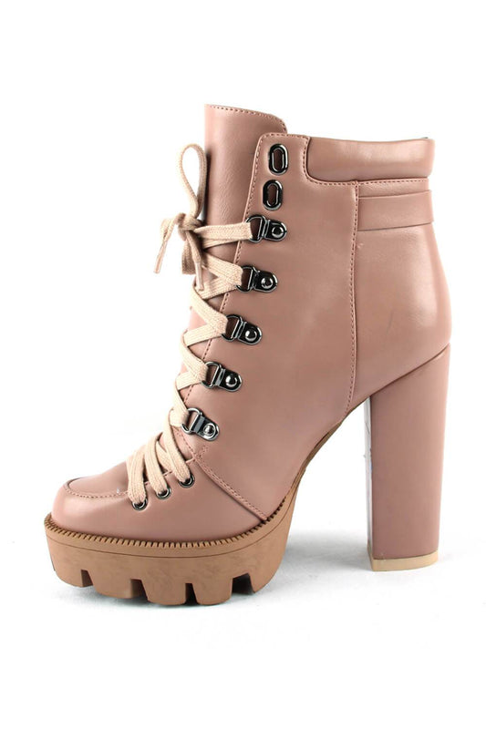 Nude Lace-Up Heeled Chunky Biker Ankle Boots With Buckle Detail