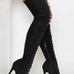 Black Suede Lace Up Peep Toe Thigh High Boots