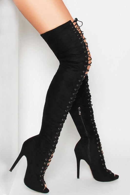 Black Suede Lace Up Peep Toe Thigh High Boots
