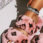 Pink Faux Fur Fluffy Printed Double Strap Flat Slipper
