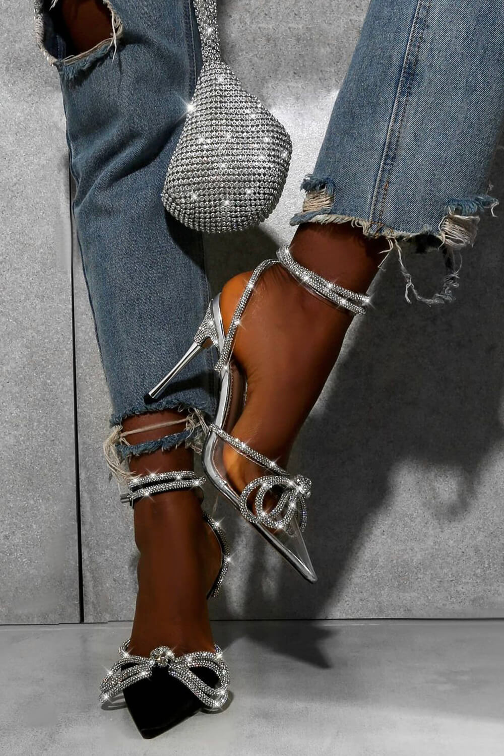 Clear Perspex Wrap Around Diamante Bow High Heel