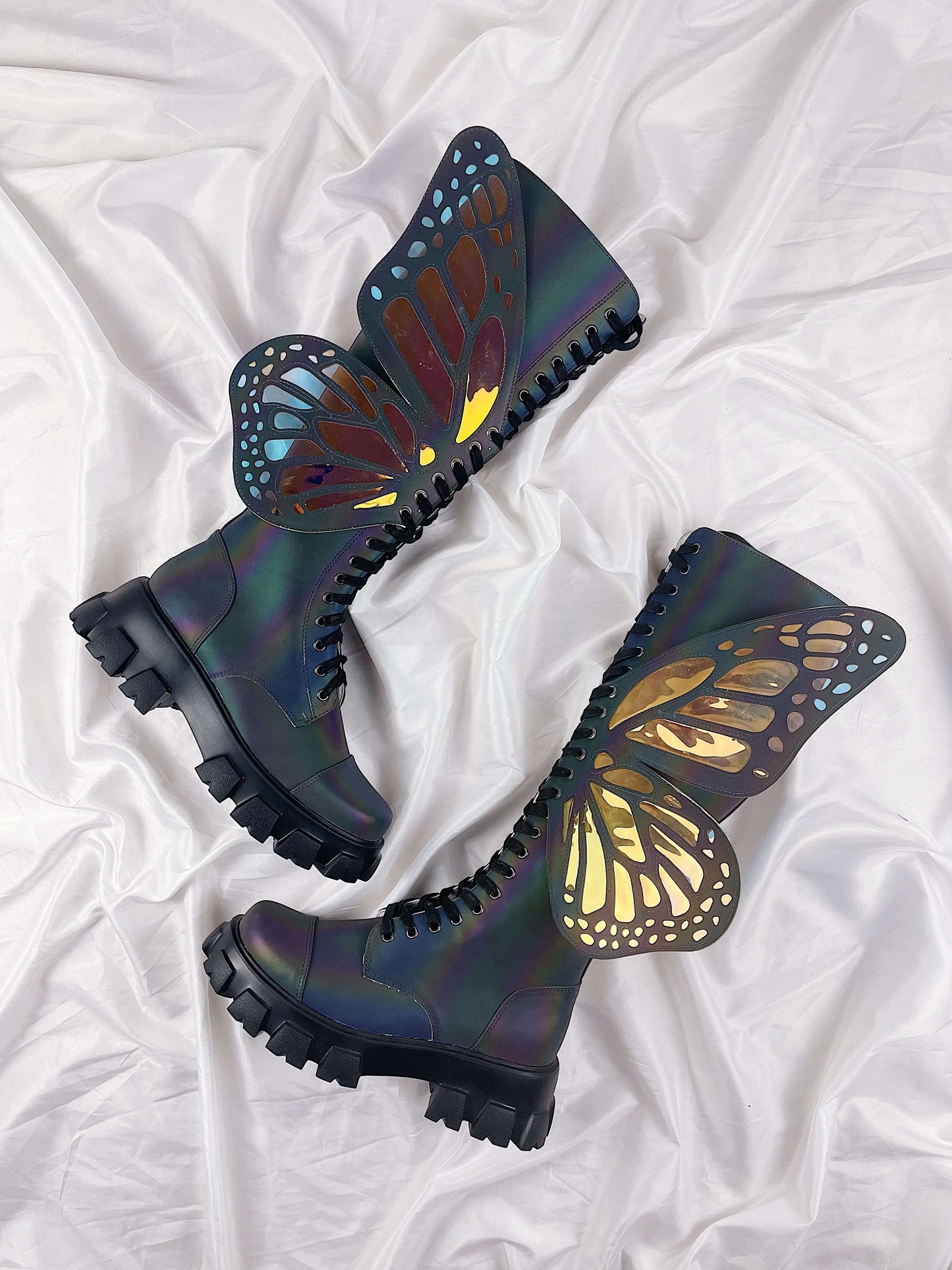 Holographic Rainbow Reflective Lace Up Knee High Combat Boots With Butterfly Wings