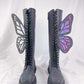 Holographic Rainbow Reflective Lace Up Knee High Combat Boots With Butterfly Wings